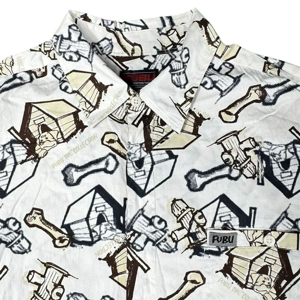 Vintage FUBU Sz XXL Shirt Men Dog House Fire Hydrant Bone All Over Print AOP